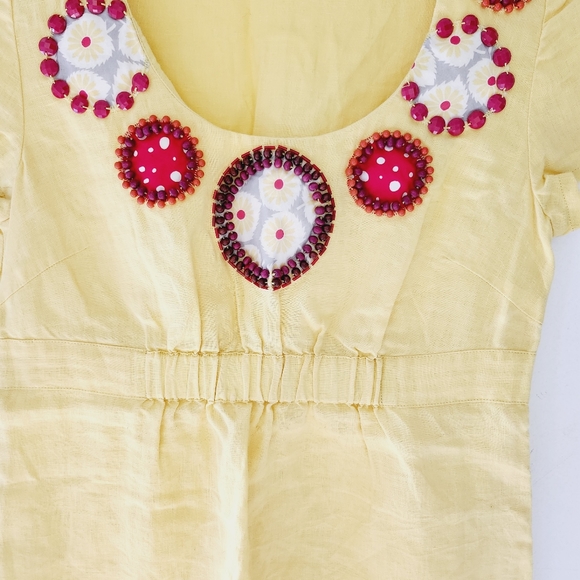 BODEN Tunic Top Yellow Beadead Neck Linen Ealstic Waist - Picture 2 of 9